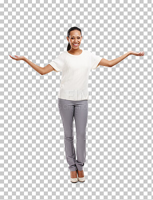 Buy stock photo Smile, arms out for presentation and happy woman isolated on transparent png background for advertising promo. Happiness, choice and excited model, open palm showing discount info for deal or offer.