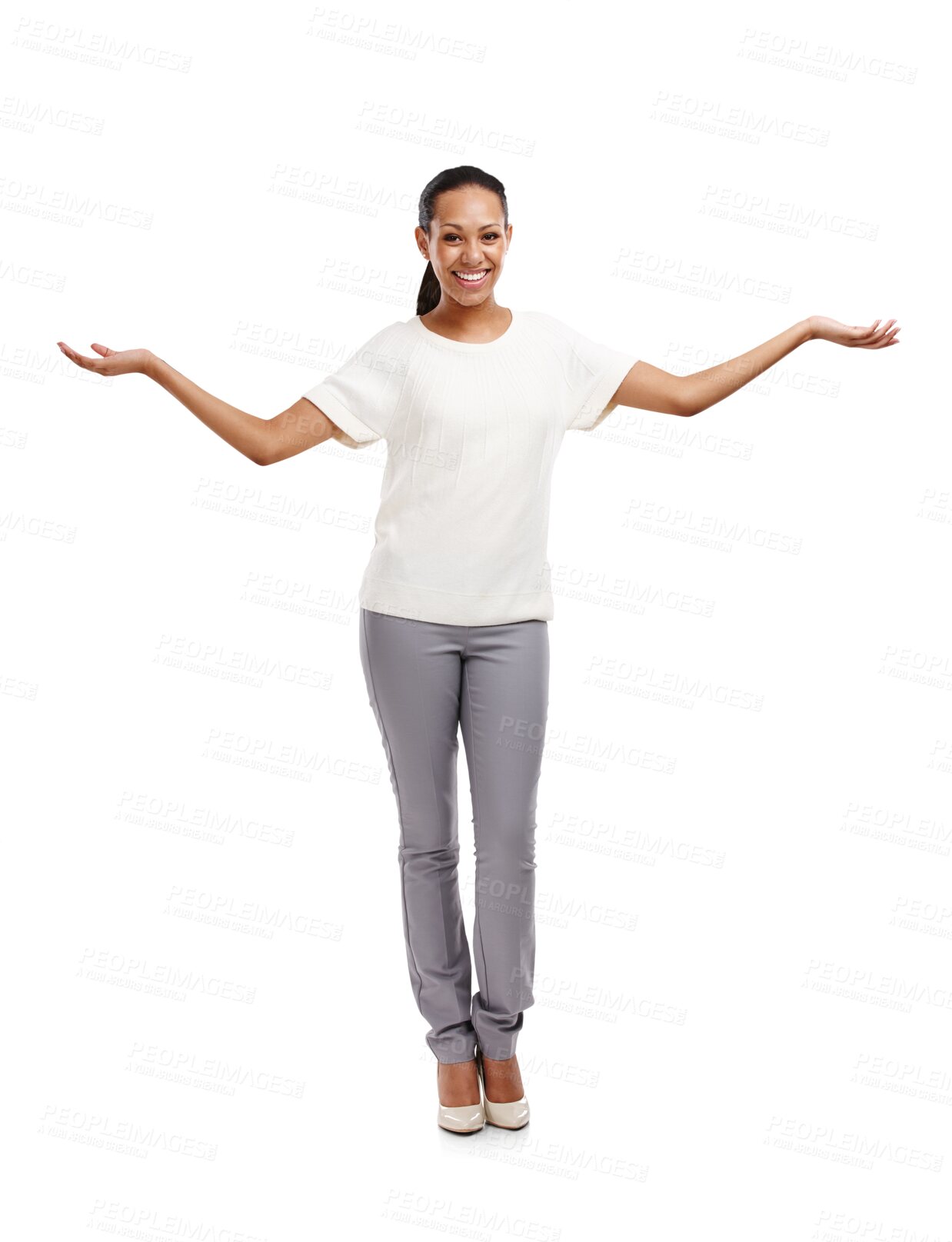 Buy stock photo Smile, arms out for presentation and happy woman isolated on transparent png background for advertising promo. Happiness, choice and excited model, open palm showing discount info for deal or offer.