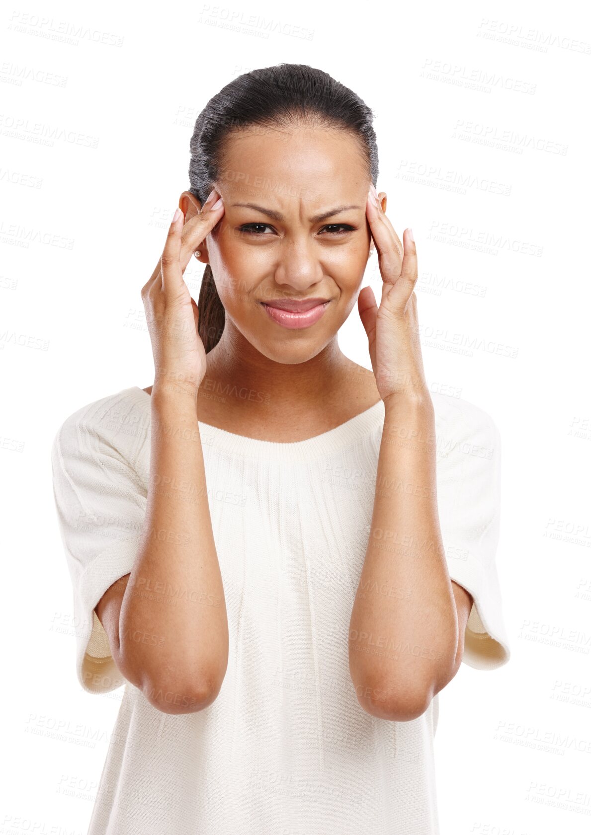 Buy stock photo Headache, portrait or woman with pain, stress in crisis or anxiety isolated on transparent png background. Bad mental health, depression or frustrated girl with migraine, brain or psychology problems