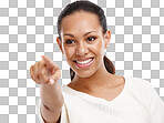 Face, pointing and showing with a woman on an isolated and transparent png background for marketing. Product, brand and advertising with a female on blank space to point at an option or selection