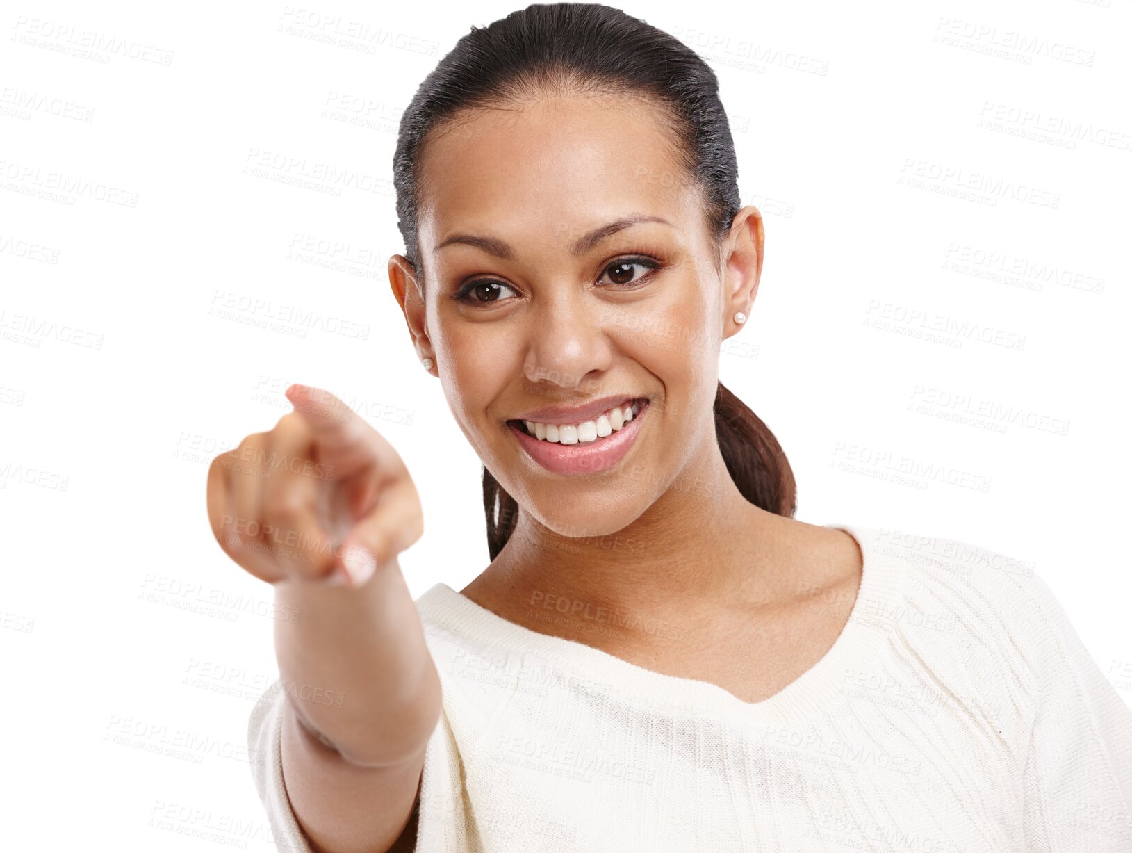 Buy stock photo Pointing, information and a woman excited for advertising, isolated on a transparent background. Hand, presentation and announcement with a young female showing a brand, product or logo on PNG