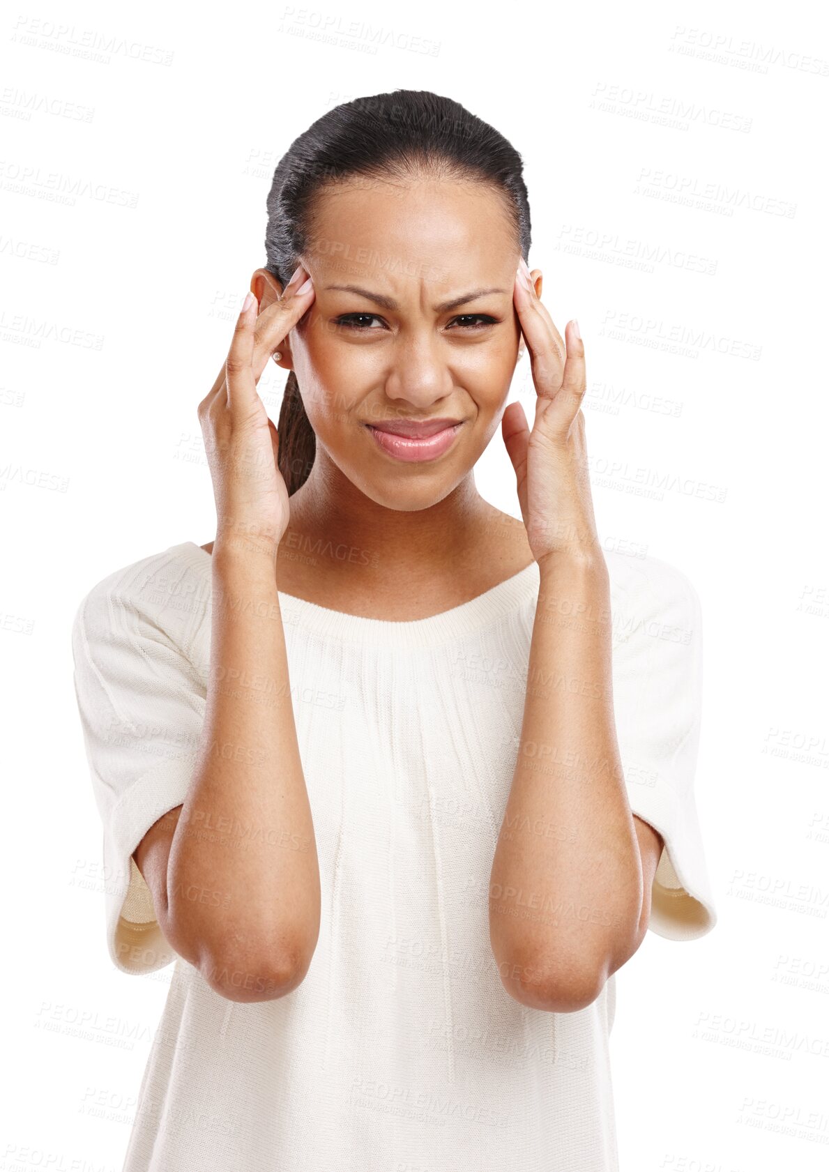 Buy stock photo Headache, portrait or girl frustrated with pain, stress anxiety crisis isolated on transparent png background. Bad mental health, depression or woman with migraine, brain fog or psychology problems