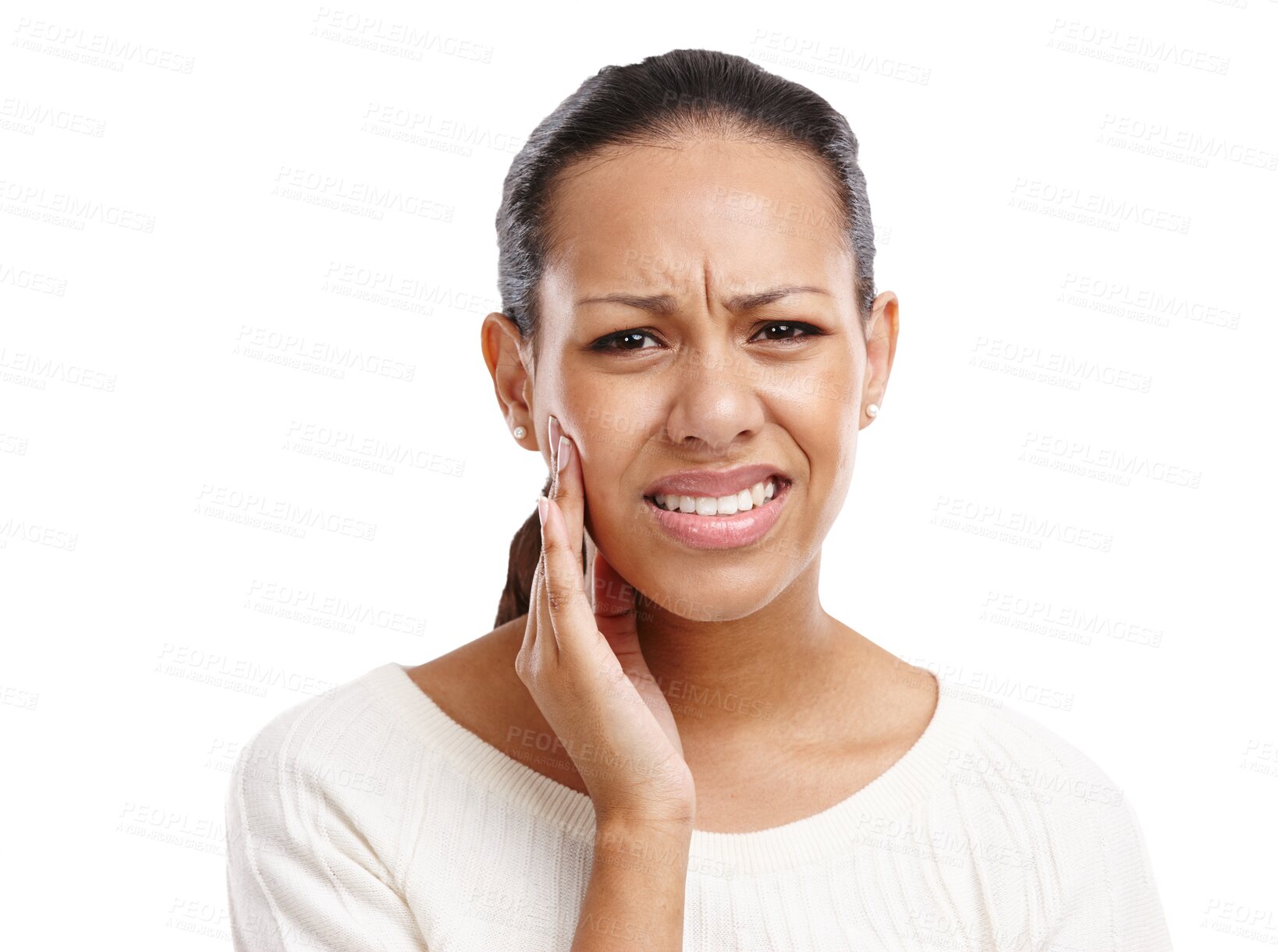 Buy stock photo Portrait, dental or woman with toothache pain for oral care, mouth injury isolated on transparent png background. Sad, upset or frustrated girl with hand on jaw or cheek for teeth cavity or emergency