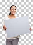 Advertising, board and woman with sign, billboard and poster, thinking of idea on isolated, transparent png background. Marketing information, branding mockup or happy model for announcement or news