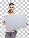 Advertising, board and woman with sign, billboard and poster on an isolated and transparent png background. Marketing, branding mockup and happy model for announcement, news and information