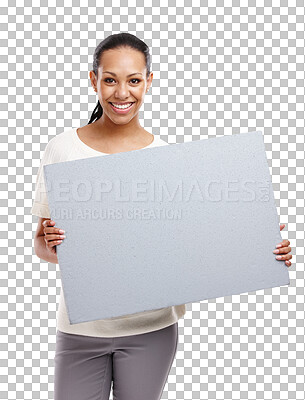 Buy stock photo Portrait, poster and mock up sign with a woman isolated on a transparent background for marketing or advertising. Billboard, branding logo and about us with an attractive young female person on PNG