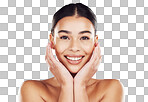 Png background, natural beauty and a happy woman with self love portrait while isolated for health and cosmetic wellness. Dermatology, facial and smiling hispanic lady touching soft and smooth skin