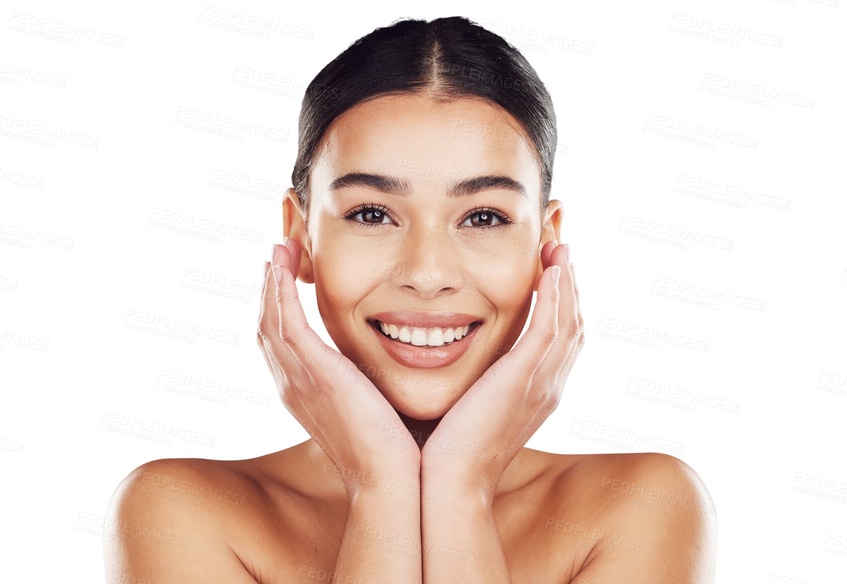 Buy stock photo Portrait, isolated woman and natural beauty or skincare, dermatology and face makeup. Smile, girl or cosmetics product for self care, results or facial skin glow on transparent png background