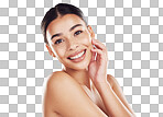 Youth, skincare and portrait of a happy woman with glowing, smooth facial skin isolated on a png background. Dermatology, cosmetics and latino female happy with her natural beauty routine