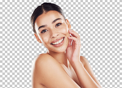 Buy stock photo Happy woman, skincare and portrait smile in beauty cosmetics, glowing or facial treatment. Beautiful female smiling in dermatology for natural or perfect skin isolated on a transparent PNG background