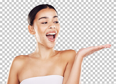 Surprise, skincare and woman hand with space gesture to promote a luxury skin treatment or product isolated on a png background. Cosmetology, wellness and hispanic female with shock for dermatology