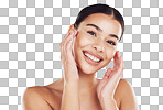 Isolated png background, skincare and happy woman with self love for healthy dermatology and cosmetic treatments. Portrait, smile and latino female touching her soft, smooth skin with care