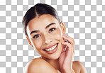 Face, smile and skincare portrait of a woman with healthy skin isolated on a png background. Cosmetics, dermatology and wellness of a happy hispanic female with a luxury treatment routine