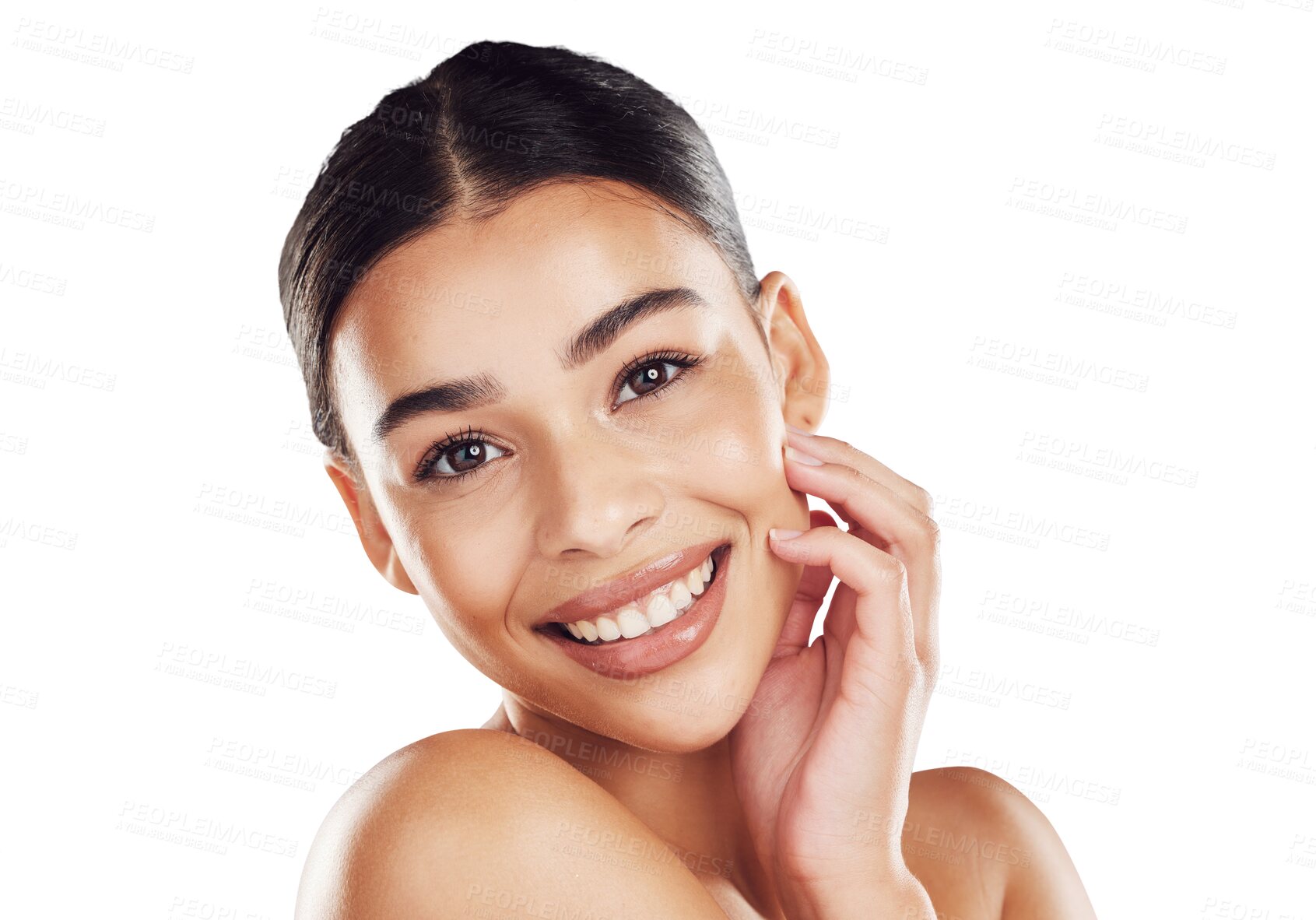 Buy stock photo Woman, isolated portrait and natural beauty or skincare, dermatology and face makeup. Smile, girl or cosmetics product for self care, results or facial skin glow on transparent png background