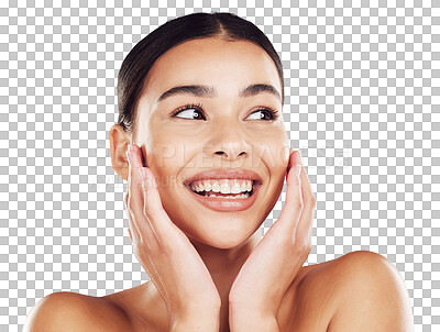 Skincare, natural beauty and idea of smiling woman with glowing, healthy skin isolated on a png background. Health, wellness and female thinking of dermatology and cosmetic treatment plan