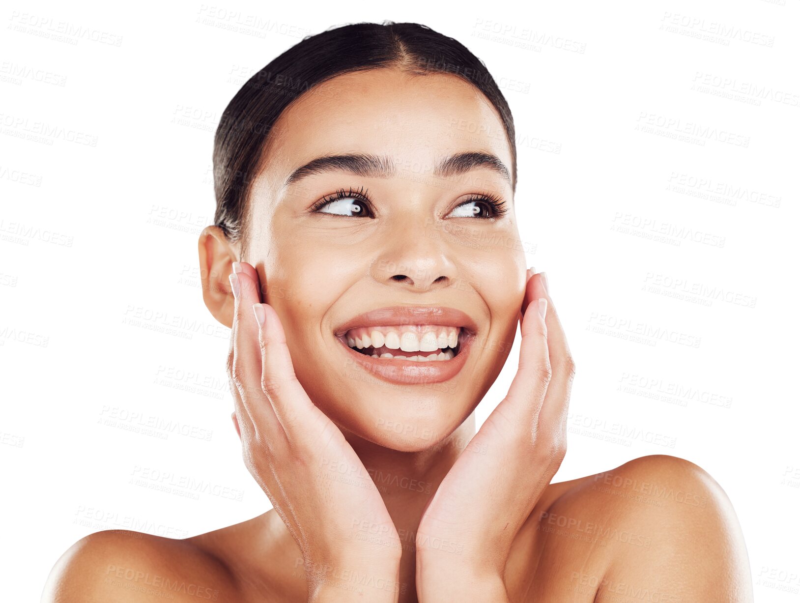 Buy stock photo Skincare, woman smile and beauty for facial cosmetic treatment in a png or transparent background. Face, portrait of female model holding her cheeks for wellness and self love in an isolated space