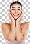 Facial and cosmetic portrait of a happy woman with clear, soft skin isolated on a png background. Dermatology, wellness and skincare of a hispanic female with a natural beauty face or aesthetic