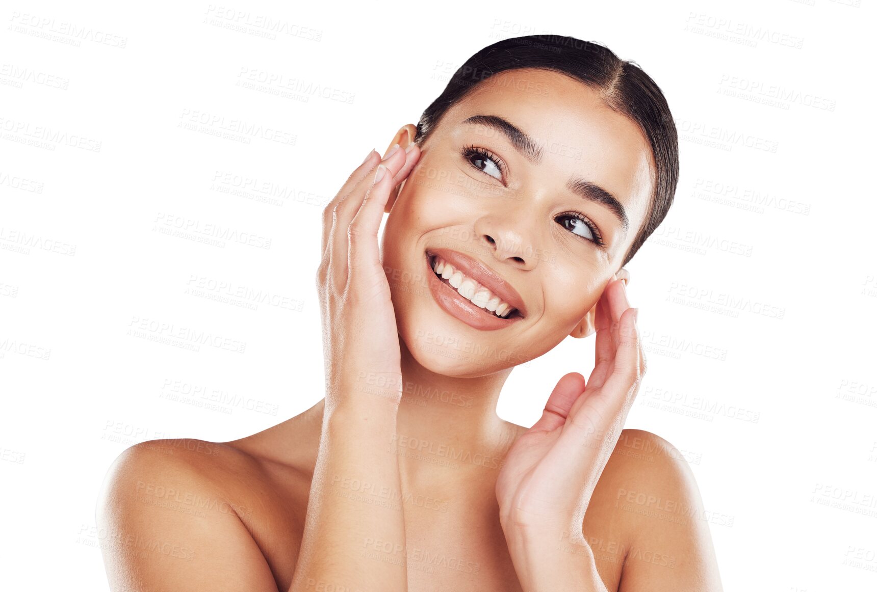 Buy stock photo Happy woman, face and smile in beauty, skincare or cosmetics in self love with glowing or perfect skin. Beautiful female smiling in cosmetology or dermatology isolated on a transparent PNG background