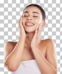 Skincare, eyes closed and happy woman with self love for cosmetic health and wellness isolated on a png background.  Dermatology, self care and latino female touching her natural beauty face