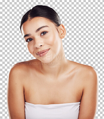 Face, portrait and cosmetic beauty of happy woman with skincare isolated on a png background. Dermatology, bodycare and smile of satisfied woman with facial care and wellness on a backdrop