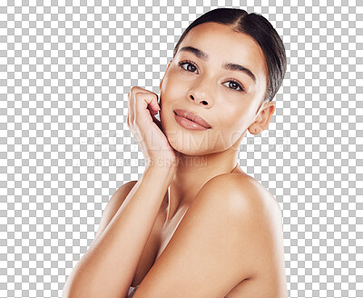 Beauty, dermatology and portrait of woman satisfied with glowing cosmetic routine while isolated on a png background. Skincare and face of hispanic female resting for facial health and wellness