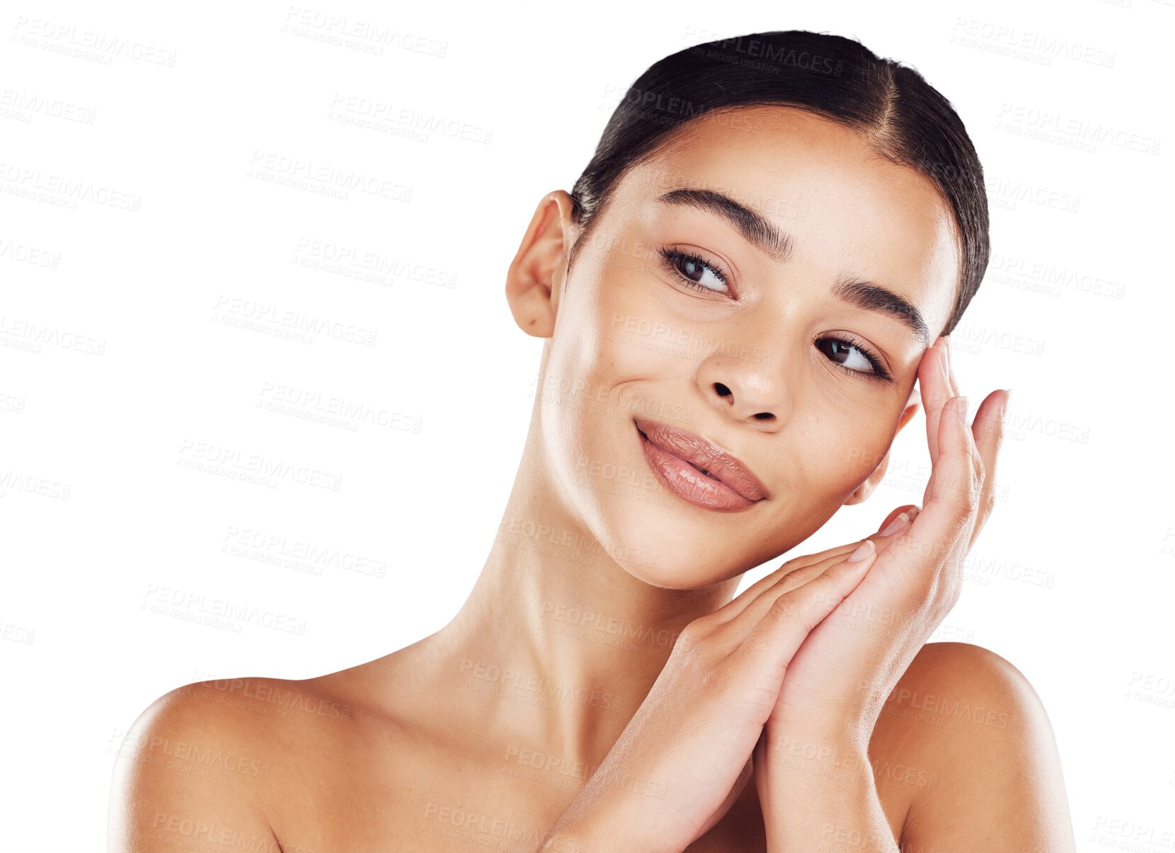 Buy stock photo Skincare, thinking and face of woman with beauty on isolated, png and transparent background. Dermatology, facial wellness and happy female person relax with natural cosmetics, makeup and smooth skin