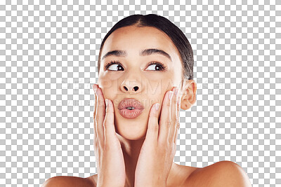 Buy stock photo Skincare, pout and face of woman with beauty on isolated, png and transparent background. Dermatology, facial wellness and happy female person with natural cosmetics, makeup and emoji kiss reaction