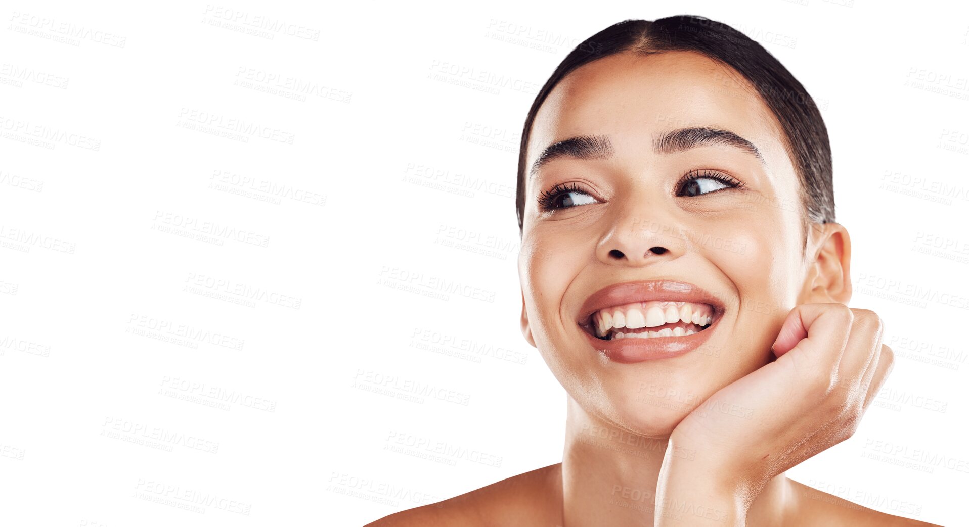 Buy stock photo Beauty, thinking and face of woman with smile on isolated, png and transparent background. Dermatology, facial wellness and happy female person relax with natural cosmetics, salon care and skincare