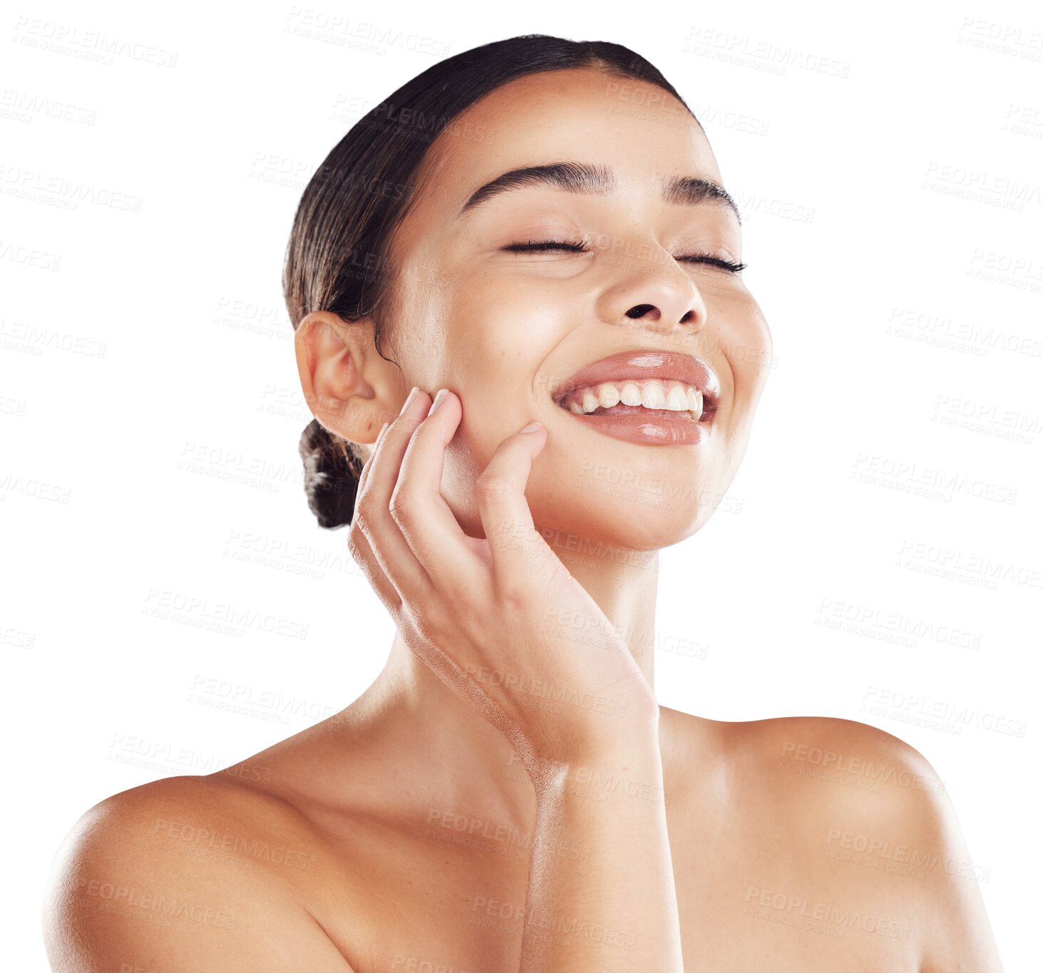 Buy stock photo Skincare, satisfaction and face of woman with beauty on isolated, png and transparent background. Dermatology, facial wellness and happy female person with natural cosmetics, makeup and smooth skin