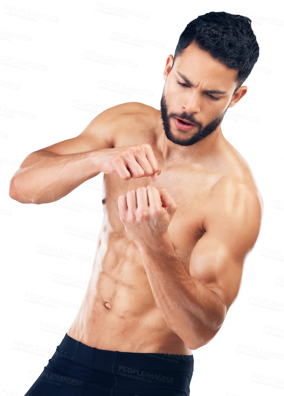 Buy stock photo Fitness, boxing and man in underwear isolated on transparent, png background for fight or exercise. Sports, workout and power, young male boxer model posing for strong muscle training or martial arts