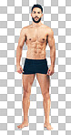 Portrait, bodybuilder and healthy man for fitness, wellness or workout being toned for flex isolated on a png background. Muscular male, health or athlete muscle with endurance or body care exercise