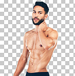 Bodybuilder, strong and topless man showing his abs and fit body on a png, isolated and transparent background. Fitness, shirtless young male posing for strength, muscle and bodybuilding