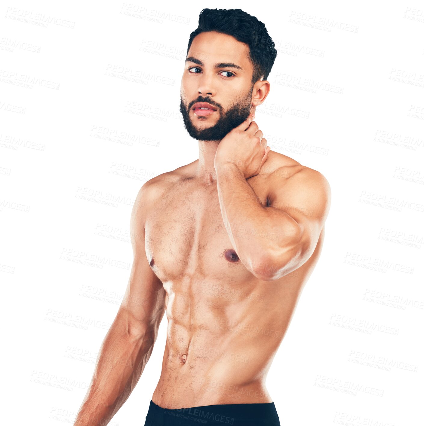 Buy stock photo Thinking, healthy or man in underwear for fitness after body workout isolated on transparent png background. Contemplating thought, six pack abs or sexy athlete with muscles in exercise or training