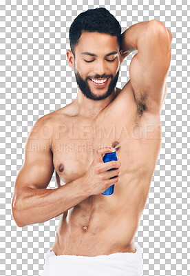 Spray, armpit and man with smile for deodorant isolated on a png background. Skincare, smile and strong model with antiperspirant bottle for wellness, skincare and grooming while spraying underarm