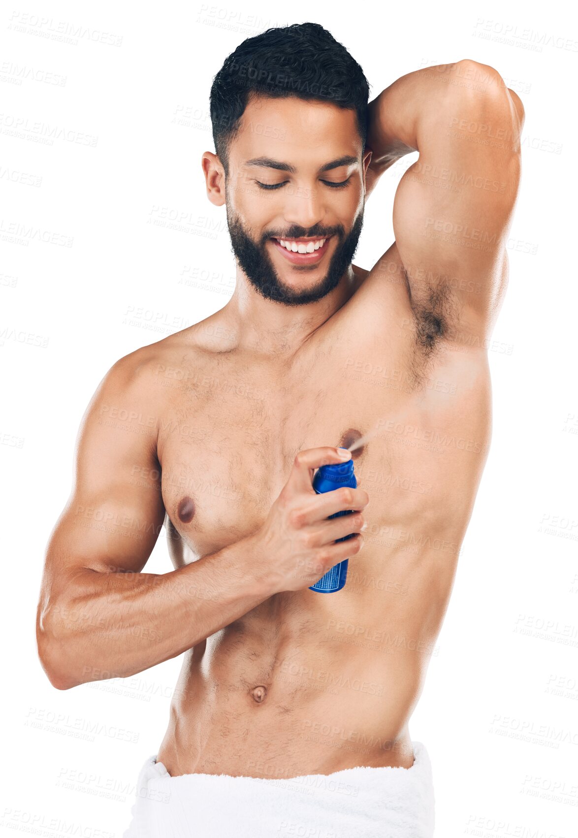 Buy stock photo Armpit, deodorant or happy man spray for body hygiene, perfume and clean underarm product marketing. Skincare or healthy model with fresh scent for advertising isolated on transparent png background 