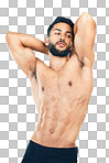 Body, strong and a man model bodybuilder in studio isolated on a png background for health or wellness. Fitness, healthy and bodybuilding with a young male posing to promote a healthy lifestyle