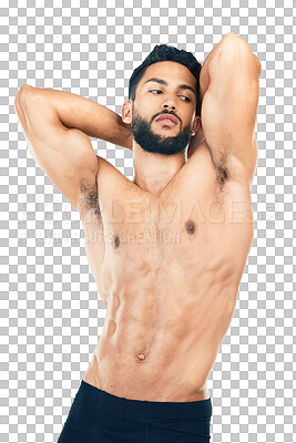 Body, strong and a man model bodybuilder in studio isolated on a png background for health or wellness. Fitness, healthy and bodybuilding with a young male posing to promote a healthy lifestyle