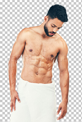Shower, abs and body of a man cleaning for wellness, luxury skin and care for clean stomach against isolated on a png background. Spa, hygiene and model with a towel after washing for health