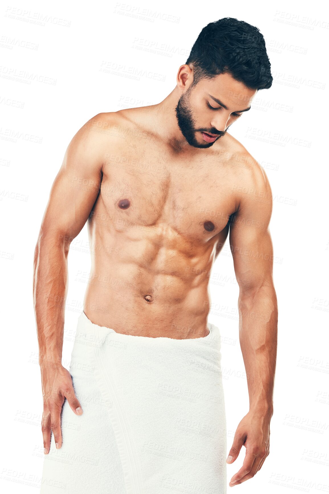 Buy stock photo Abs, shower or man with six pack, body health or beard isolated on transparent png background. Wellness, cleaning or fitness model with stomach muscles, skincare or grooming for beauty in towel