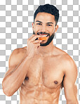 Portrait, fitness and man eating orange for vitamin c and health after training. Nutrition, wellness and happy fitness model on a diet with raw fruit after a workout isolated on a png background