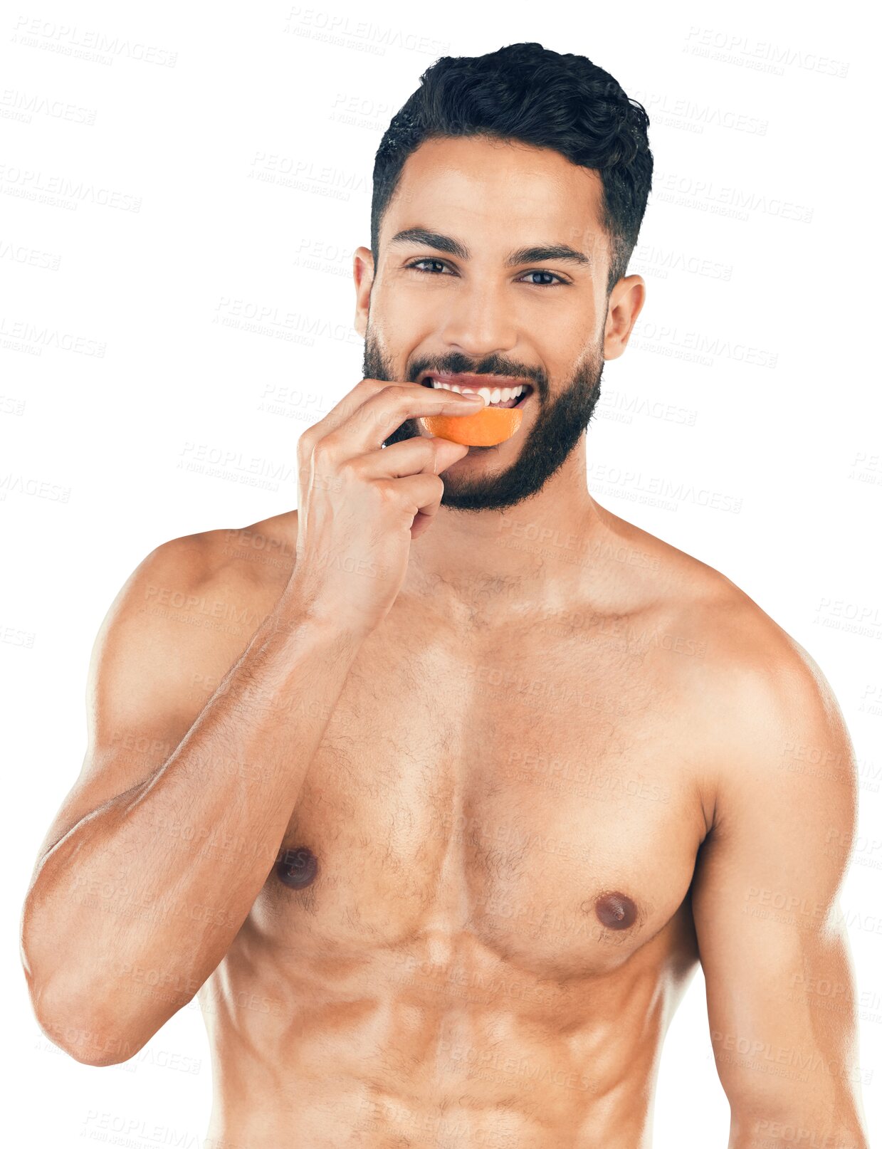 Buy stock photo Orange, fitness or man in a portrait eating a healthy fruit in diet for vitamin c, self care or nutrition., Smile, six pack abs or model enjoying organic snack isolated on transparent png background 