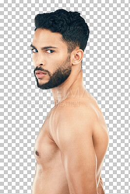 Fitness, body wellness and portrait of man pose for body care and health on isolated on a png background. Exercise, bodybuilding and profile of young male with serious face, muscles and strength