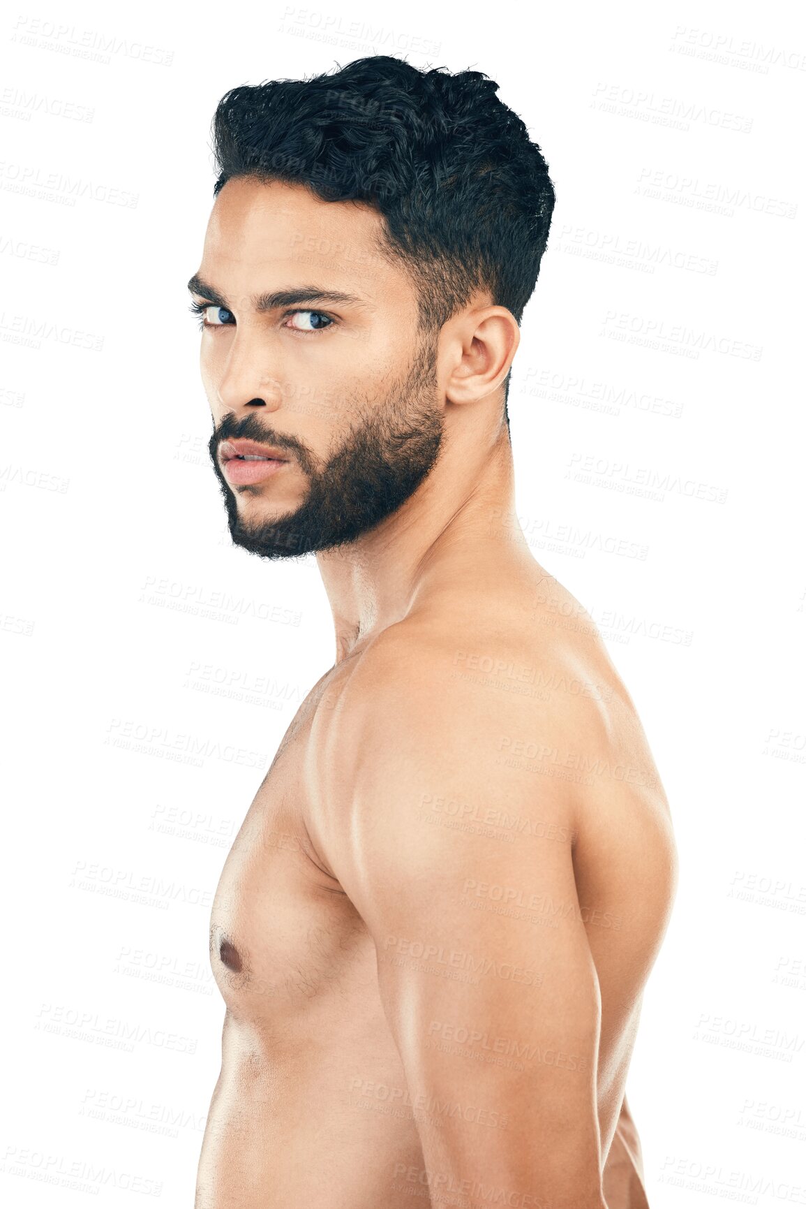 Buy stock photo Fitness, body wellness and portrait of man pose for body care and health isolated on a transparent png background. Exercise, bodybuilding and profile of a young fit male with serious face and muscles