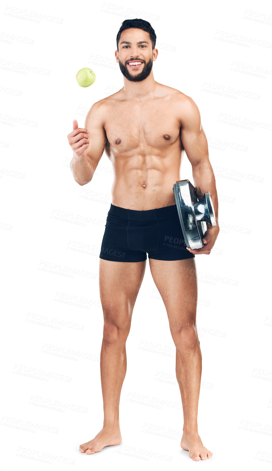 Buy stock photo Health, scale and man with apple to lose weight, diet or strong body or wellness lifestyle. Goal motivation, food and portrait of muscular male on fruit detox isolated on a transparent png background