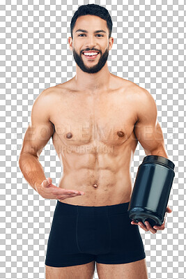 Fitness man, protein product and health for health, exercise and workout. Portrait of a happy model advertising healthy shake for sport and cardio with smile on a space isolated on a png background