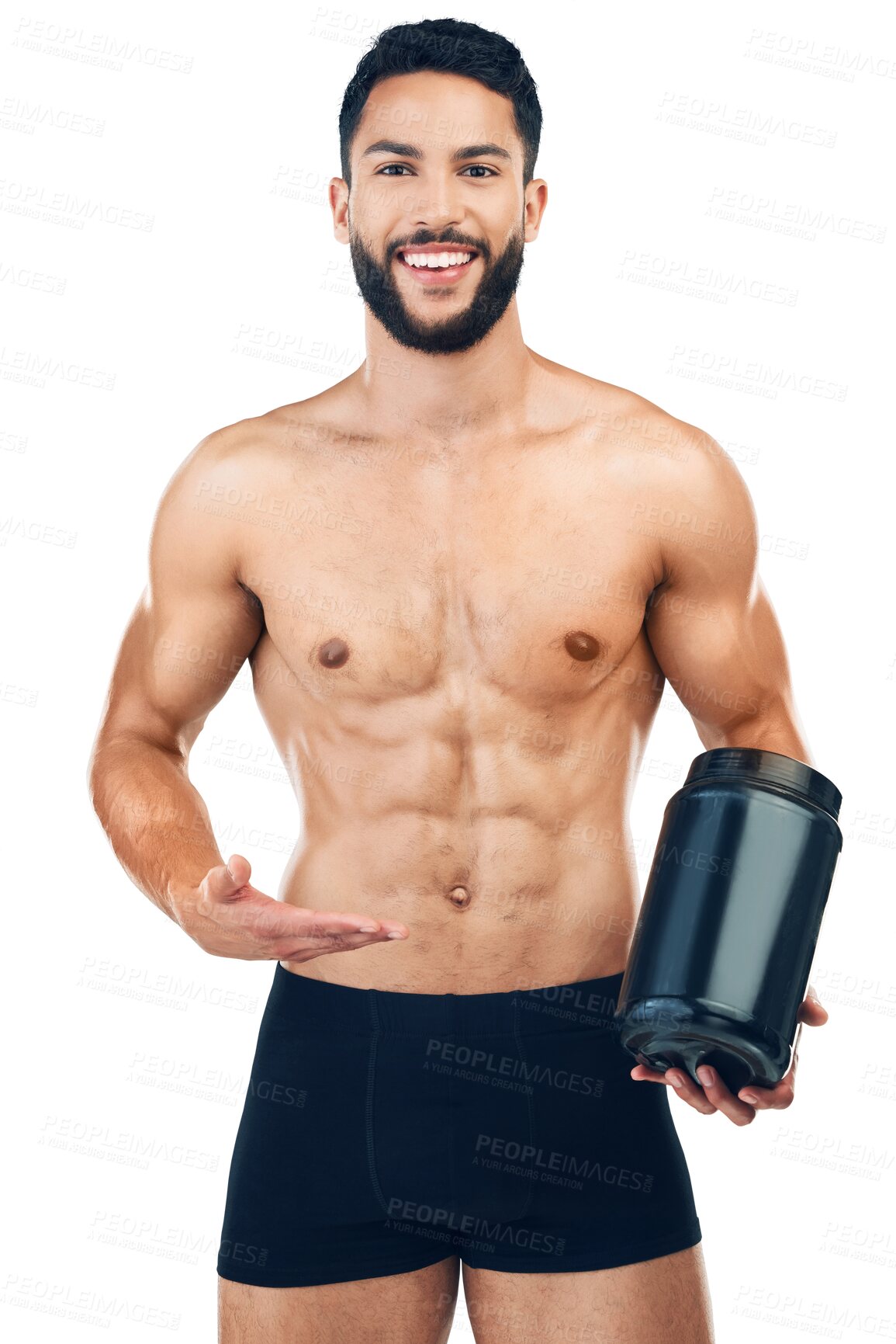 Buy stock photo Portrait, fitness or happy man with protein shake for wellness or workout isolated on transparent png background. Six pack abs or athlete with bottle of powder or nutrition for exercise or training