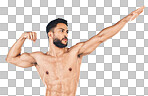 Fitness, flexing and strong man ready to fight for muscular strength isolated on a png background. Body care, arms and stretch of a bodybuilder Mexican man with serious power, health and wellness