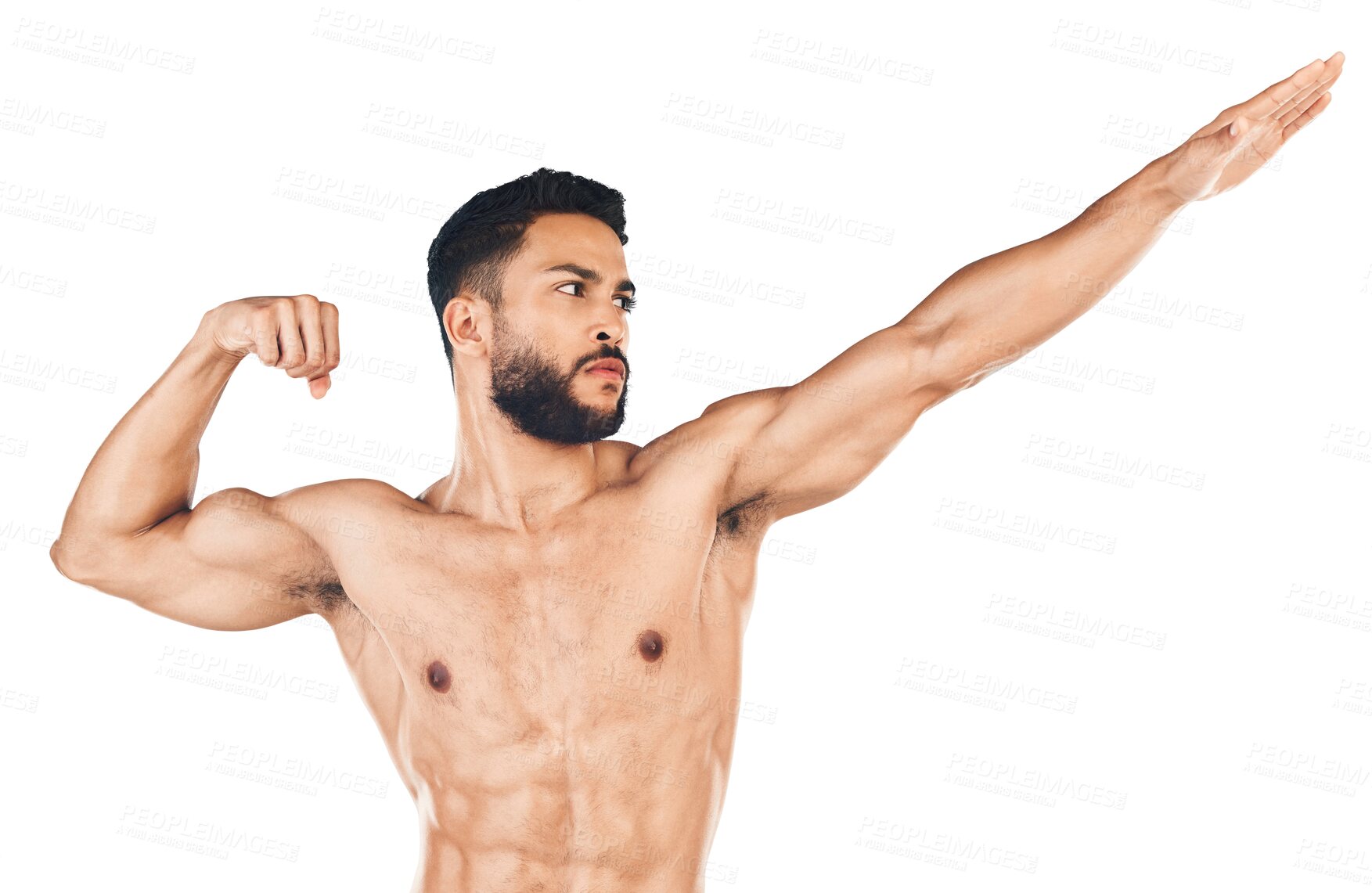 Buy stock photo Fitness, flexing and strong man ready to fight for muscular strength isolated by transparent png background. Body care, arms and stretch of a bodybuilder male with serious power, health and wellness.