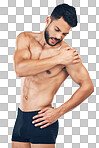 Shoulder pain, injury and fitness man in underwear isolated on a png background. Inflammation, hurt muscle and a male model with muscular body in holding his arm, health and body care after workout