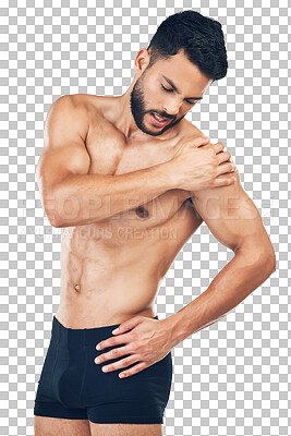 Shoulder pain, injury and fitness man in underwear isolated on a png background. Inflammation, hurt muscle and a male model with muscular body in holding his arm, health and body care after workout